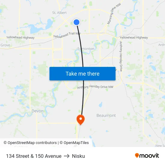 134 Street & 150 Avenue to Nisku map
