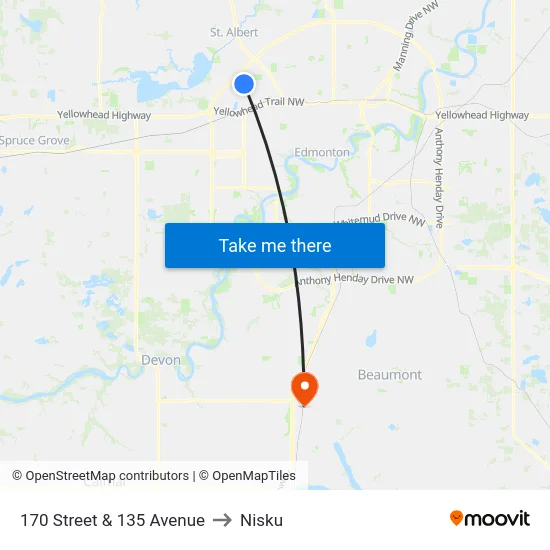170 Street & 135 Avenue to Nisku map