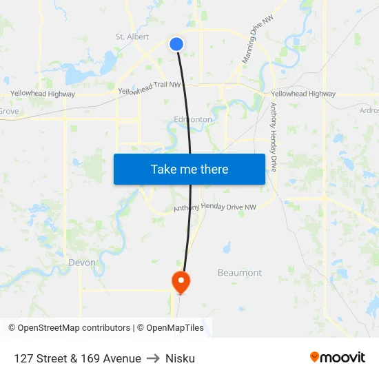 127 Street & 169 Avenue to Nisku map