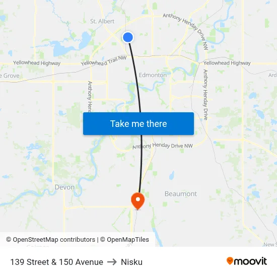 139 Street & 150 Avenue to Nisku map