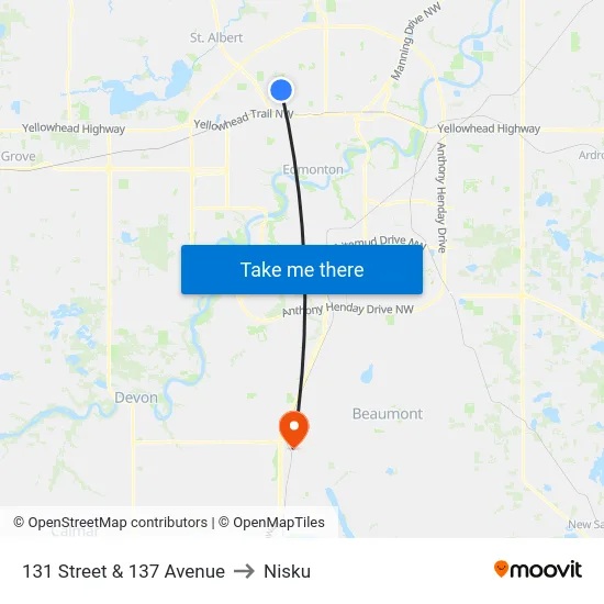 131 Street & 137 Avenue to Nisku map