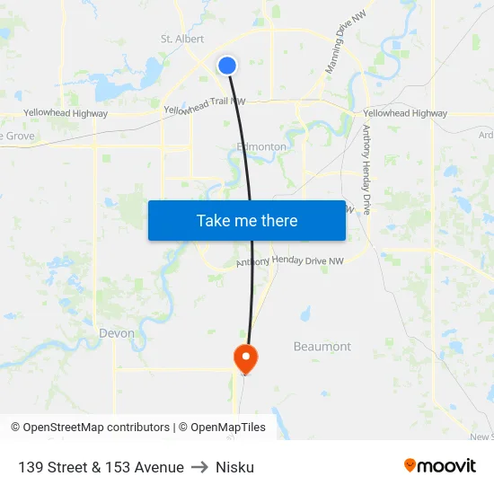 139 Street & 153 Avenue to Nisku map