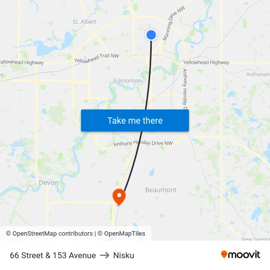 66 Street & 153 Avenue to Nisku map