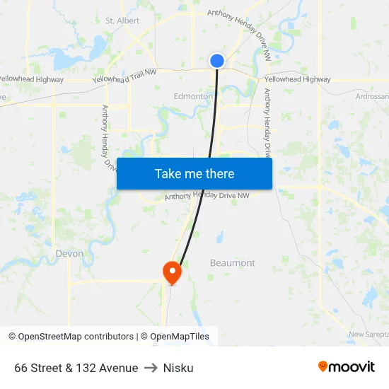 66 Street & 132 Avenue to Nisku map