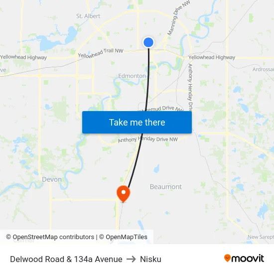 Delwood Road & 134a Avenue to Nisku map