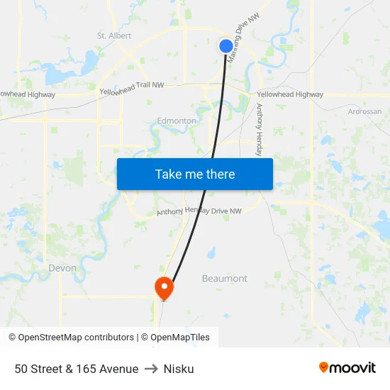 50 Street & 165 Avenue to Nisku map