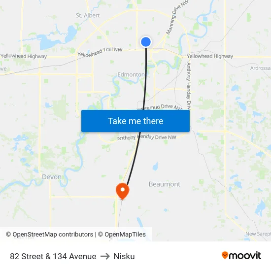 82 Street & 134 Avenue to Nisku map