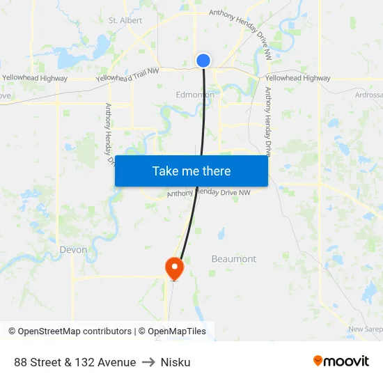 88 Street & 132 Avenue to Nisku map