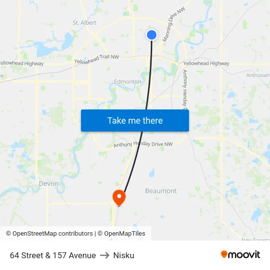 64 Street & 157 Avenue to Nisku map