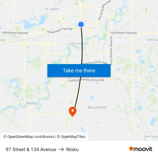 97 Street & 134 Avenue to Nisku map