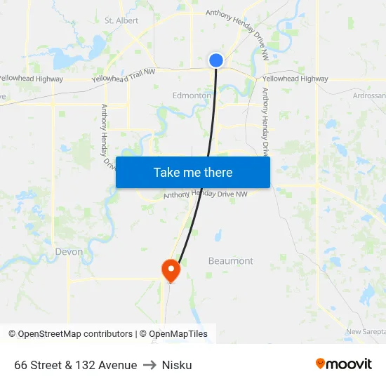 66 Street & 132 Avenue to Nisku map