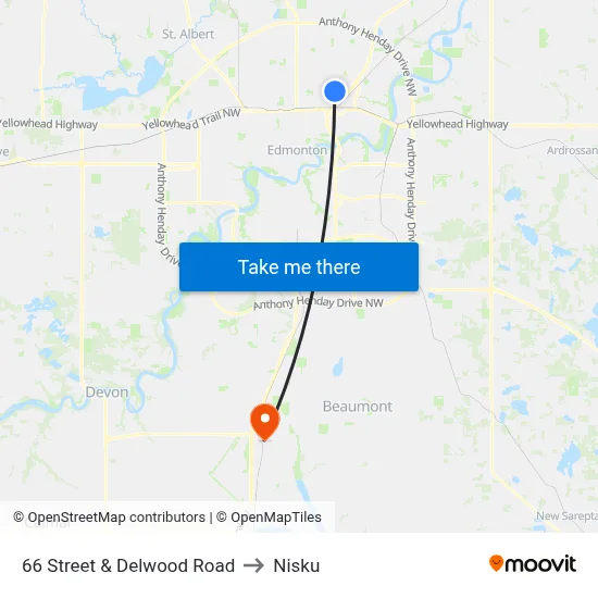 66 Street & Delwood Road to Nisku map