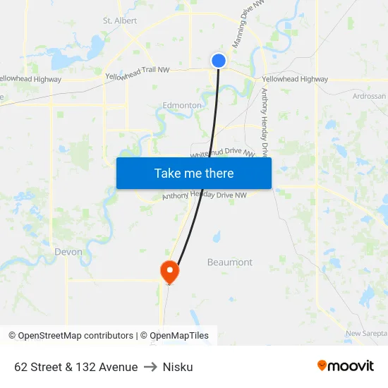 62 Street & 132 Avenue to Nisku map