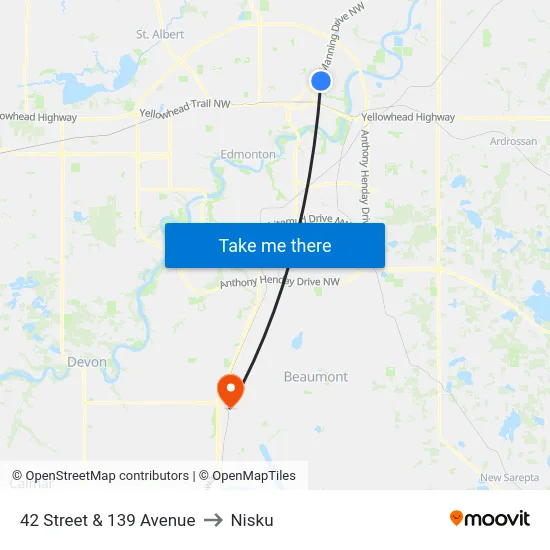 42 Street & 139 Avenue to Nisku map