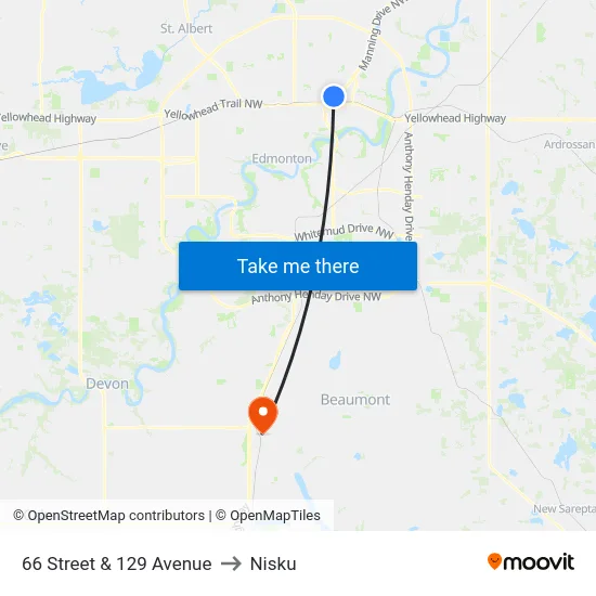 66 Street & 129 Avenue to Nisku map
