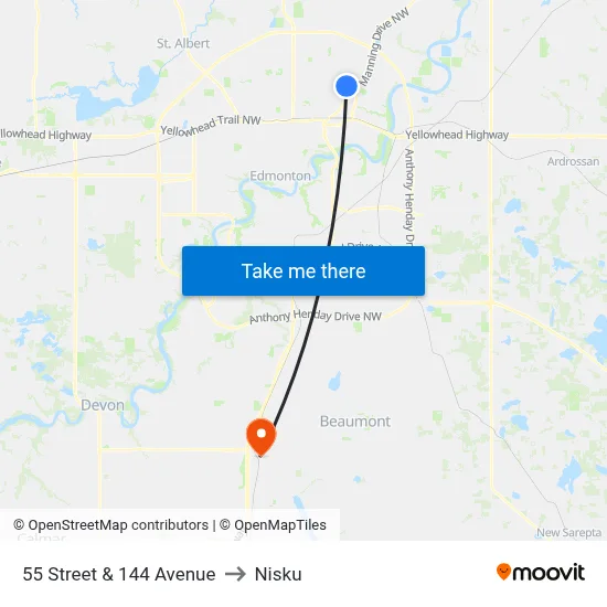 55 Street & 144 Avenue to Nisku map