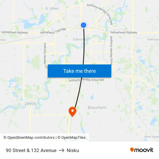 90 Street & 132 Avenue to Nisku map
