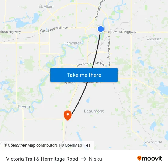 Victoria Trail & Hermitage Road to Nisku map