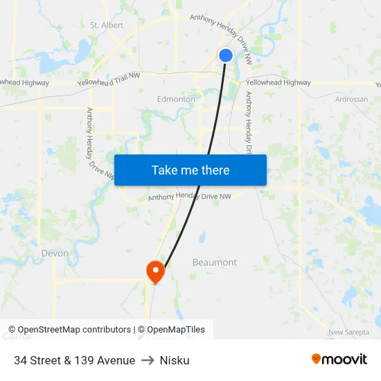 34 Street & 139 Avenue to Nisku map