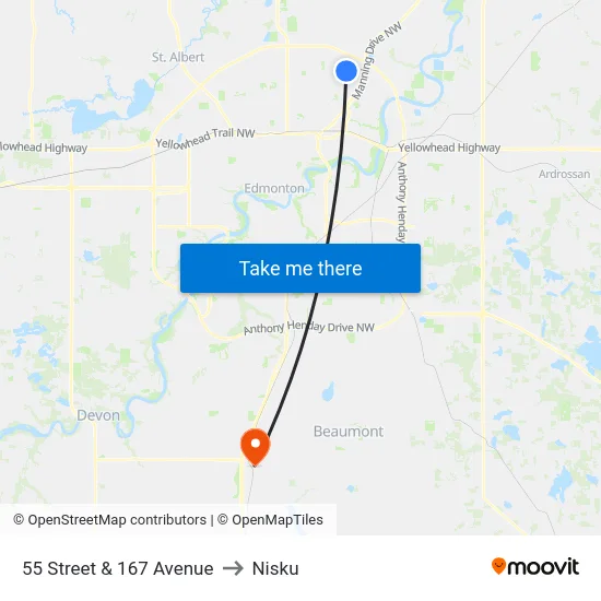 55 Street & 167 Avenue to Nisku map