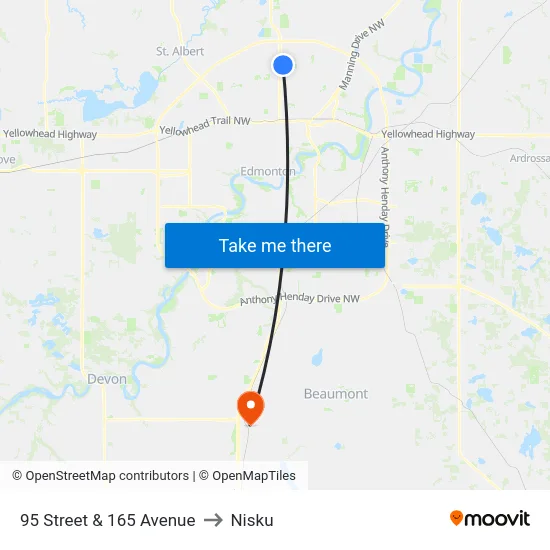 95 Street & 165 Avenue to Nisku map