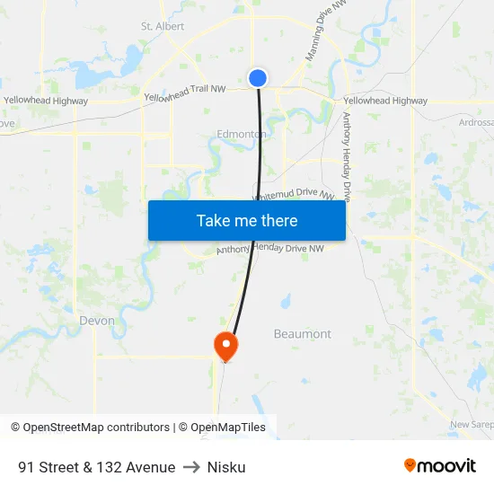 91 Street & 132 Avenue to Nisku map