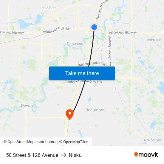 50 Street & 128 Avenue to Nisku map