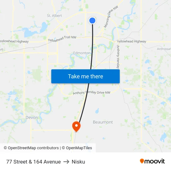 77 Street & 164 Avenue to Nisku map