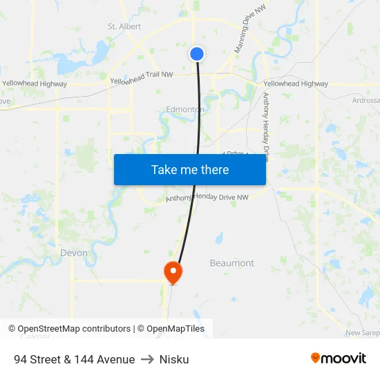 94 Street & 144 Avenue to Nisku map