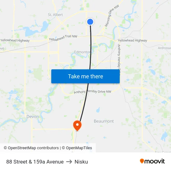 88 Street & 159a Avenue to Nisku map