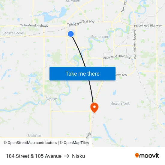 184 Street & 105 Avenue to Nisku map