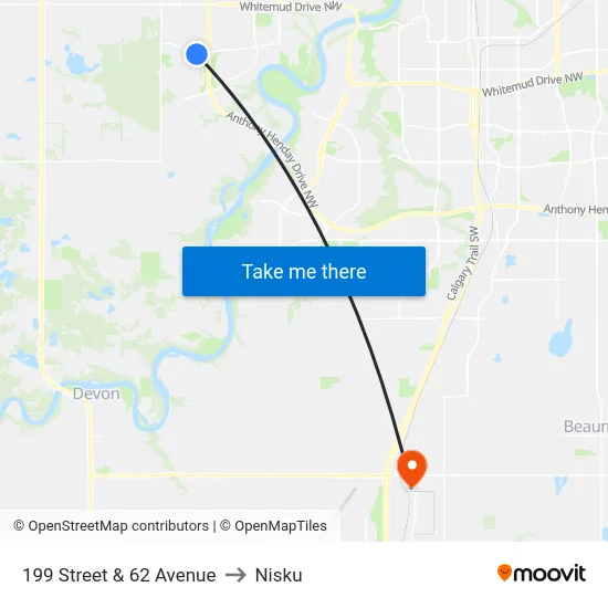 199 Street & 62 Avenue to Nisku map