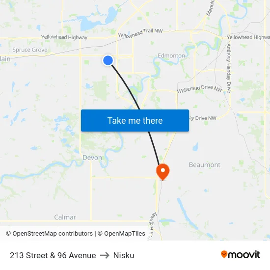 213 Street & 96 Avenue to Nisku map