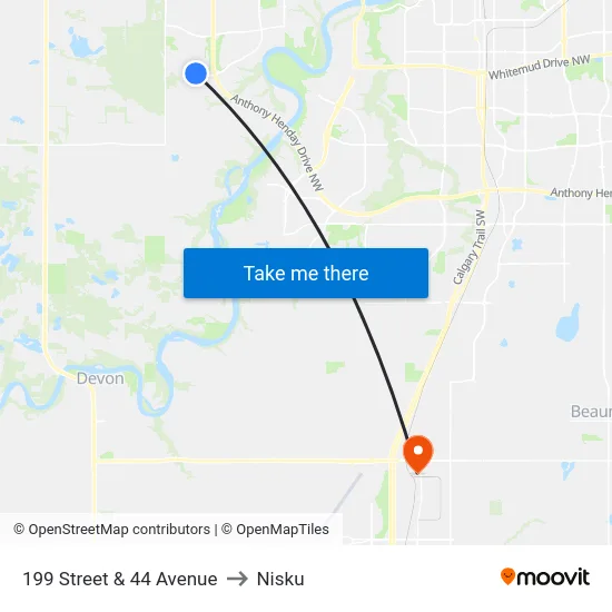 199 Street & 44 Avenue to Nisku map