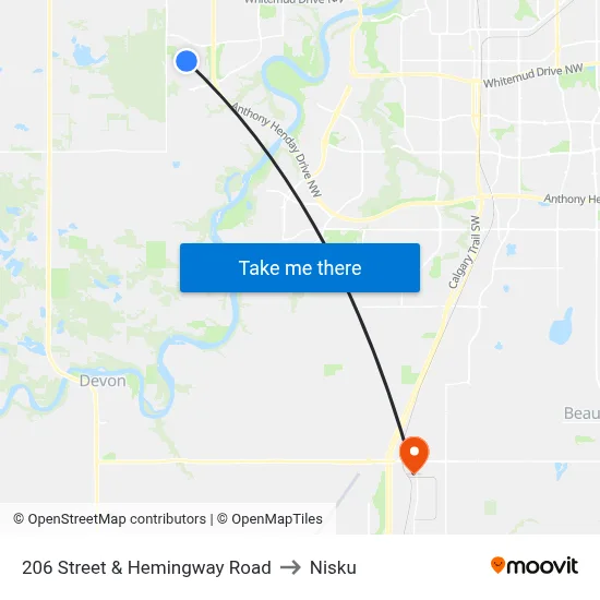 206 Street & Hemingway Road to Nisku map