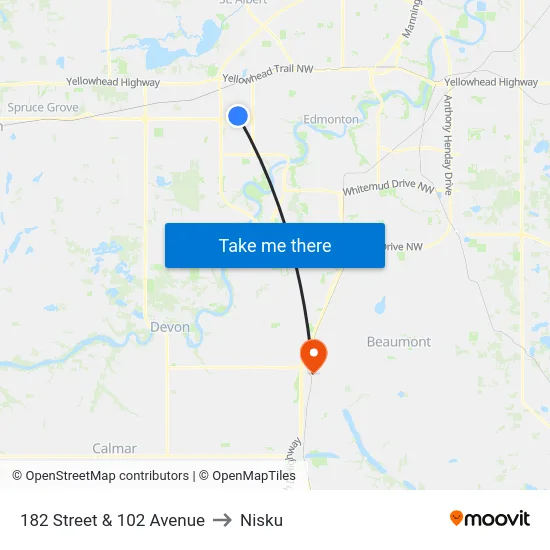 182 Street & 102 Avenue to Nisku map
