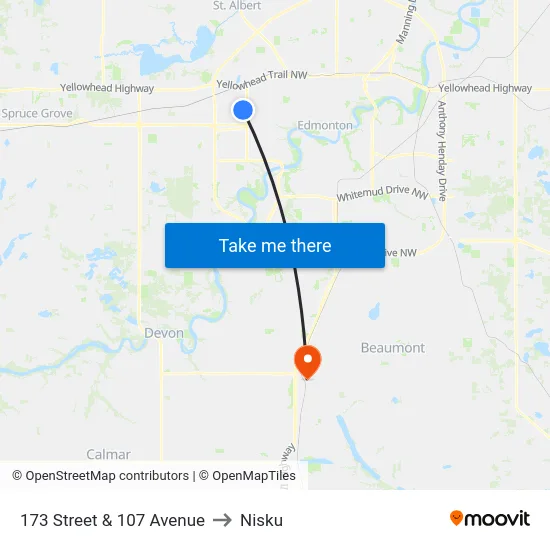 173 Street & 107 Avenue to Nisku map