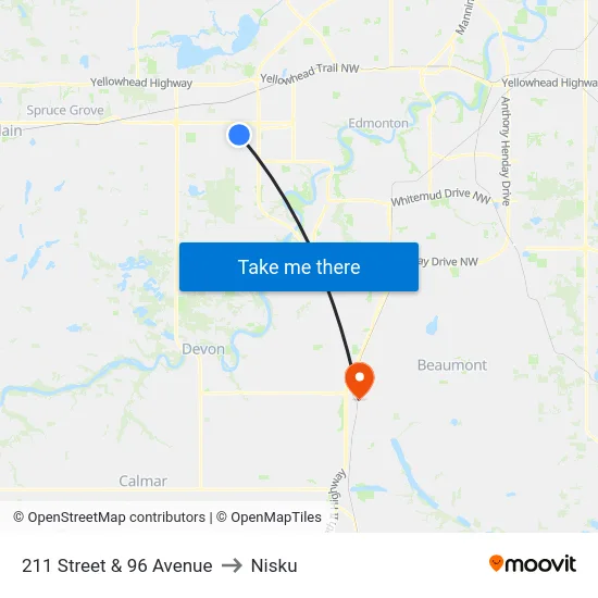 211 Street & 96 Avenue to Nisku map