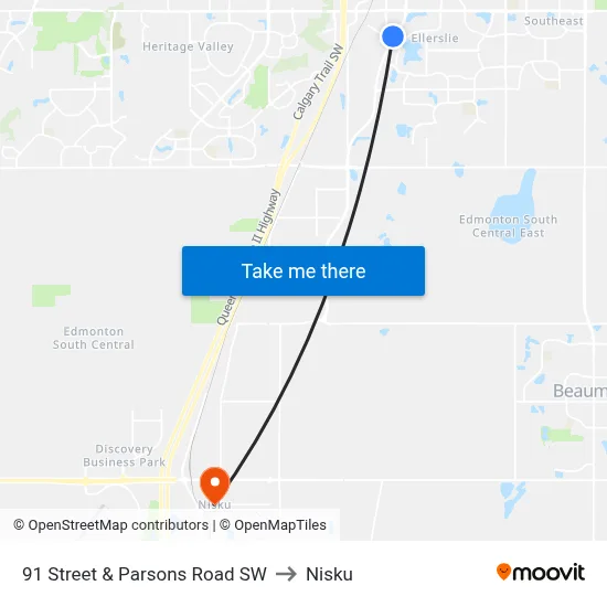 91 Street & Parsons Road SW to Nisku map