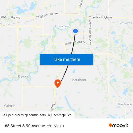 68 Street & 90 Avenue to Nisku map