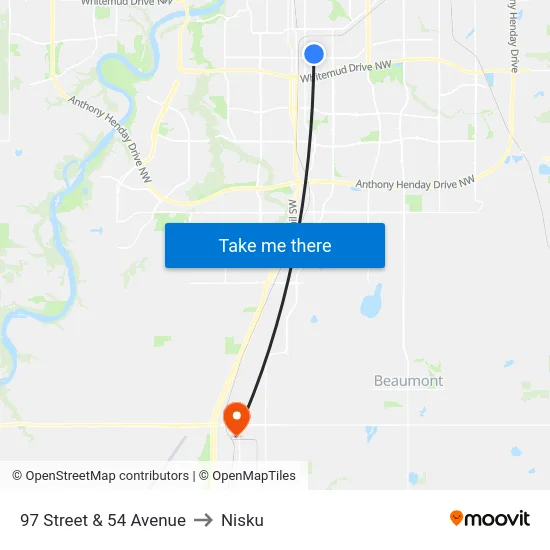 97 Street & 54 Avenue to Nisku map