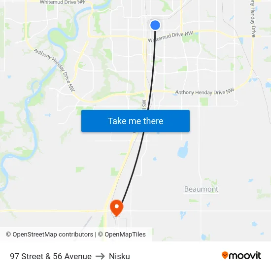 97 Street & 56 Avenue to Nisku map