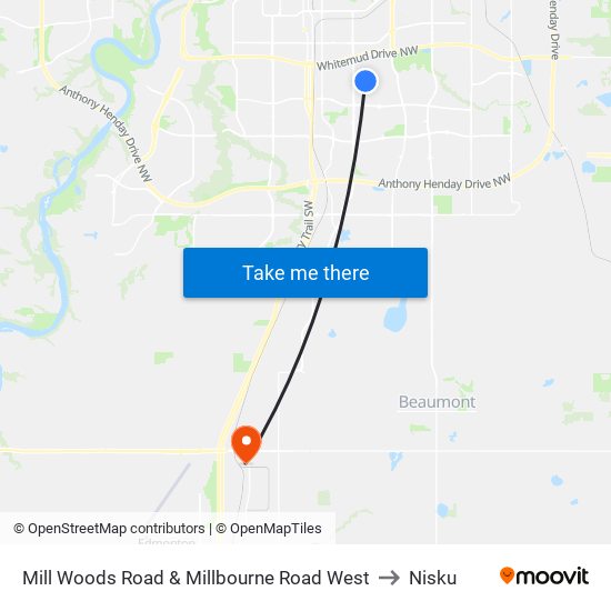Mill Woods Road & Millbourne Road West to Nisku map