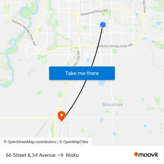 66 Street & 34 Avenue to Nisku map