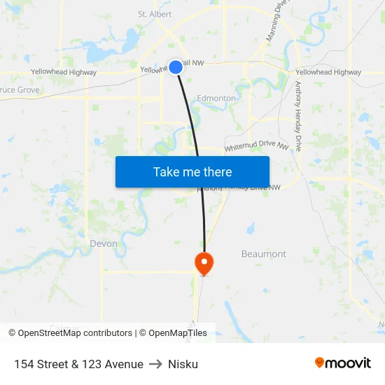 154 Street & 123 Avenue to Nisku map