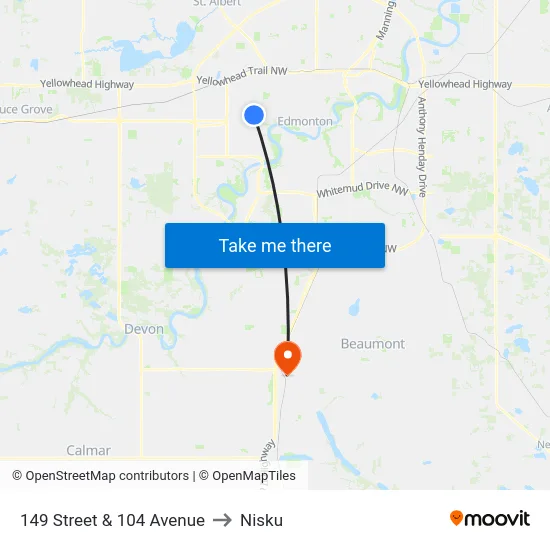 149 Street & 104 Avenue to Nisku map