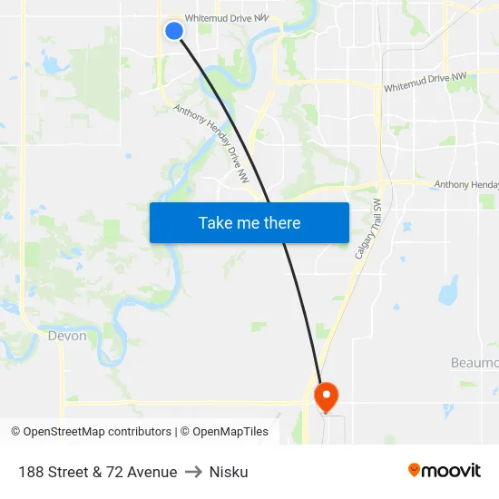 188 Street & 72 Avenue to Nisku map