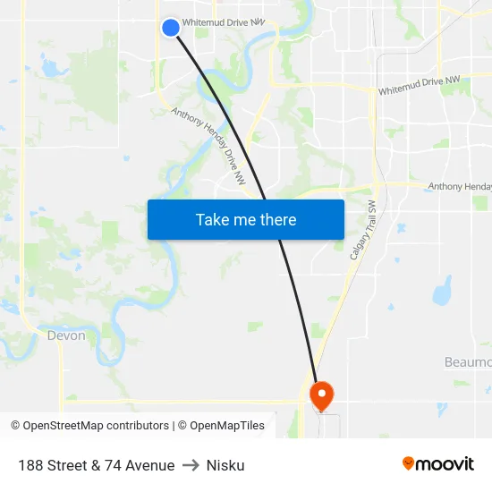 188 Street & 74 Avenue to Nisku map