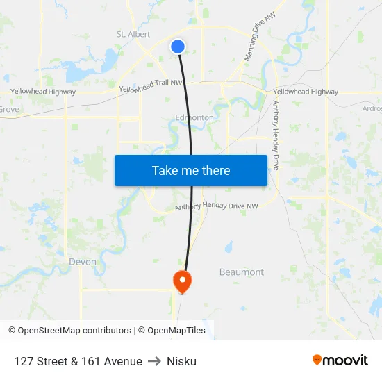 127 Street & 161 Avenue to Nisku map