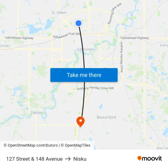 127 Street & 148 Avenue to Nisku map